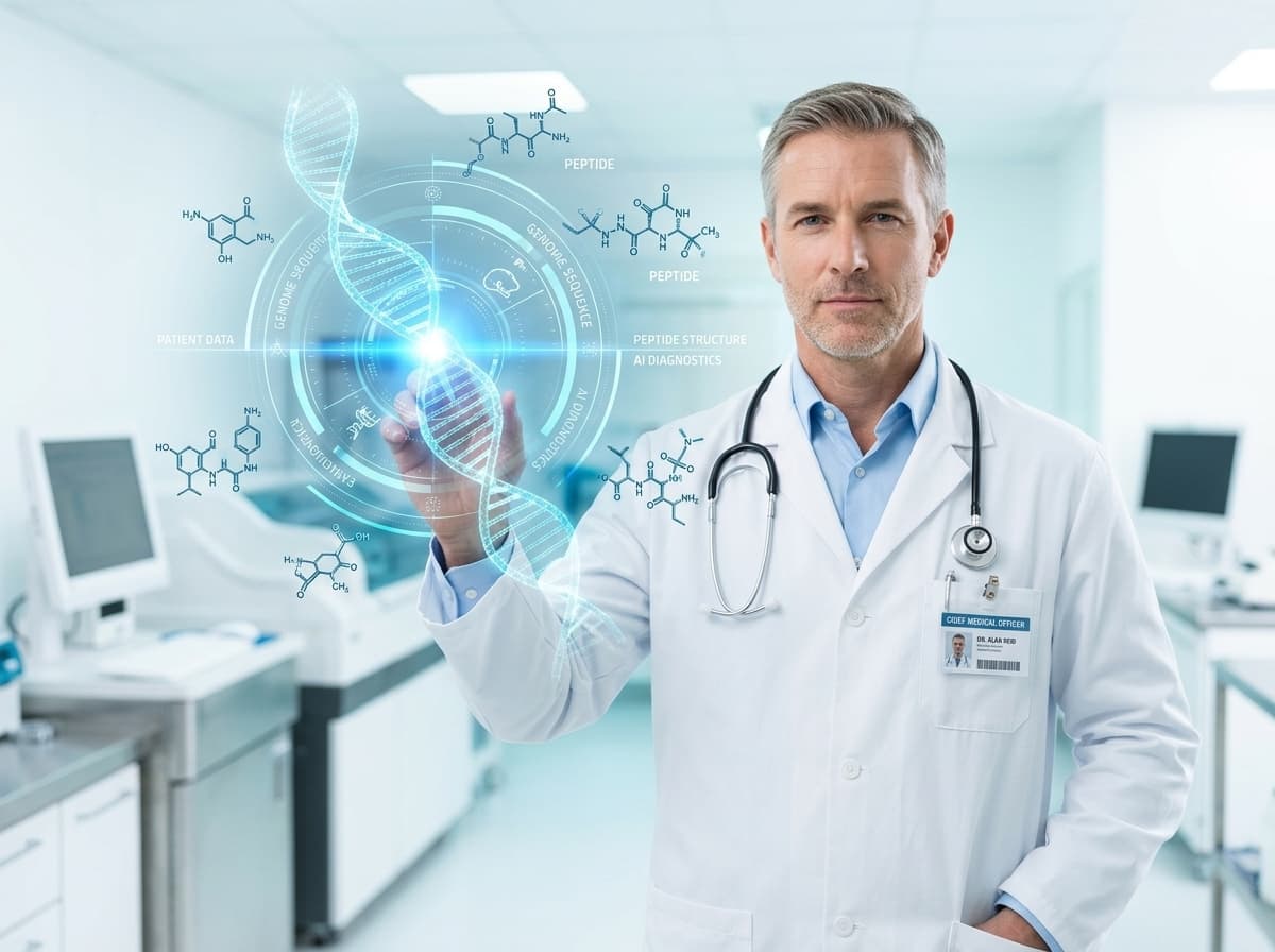 Board-certified medical doctor interacting with futuristic holographic DNA and peptide telemetry