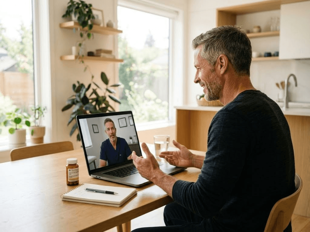 Patient consulting virtually with a physician on laptop about personalized peptide therapy and prescription protocols