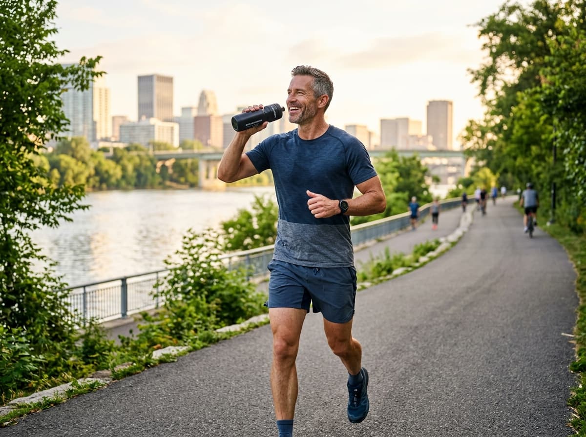 Fit active man energized after an outdoor run representing vitality and hormone optimization