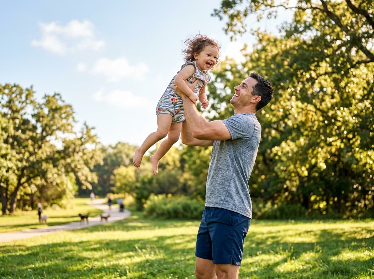 Father lifting up a smiling child in the park, symbolizing health and vitality